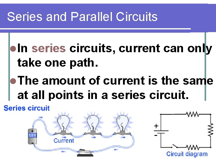 Series and Parallel Circuits l In series circuits, current can only take one path.