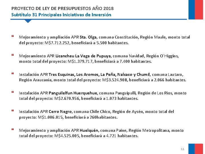 PROYECTO DE LEY DE PRESUPUESTOS AÑO 2018 Subtítulo 31 Principales Iniciativas de Inversión }