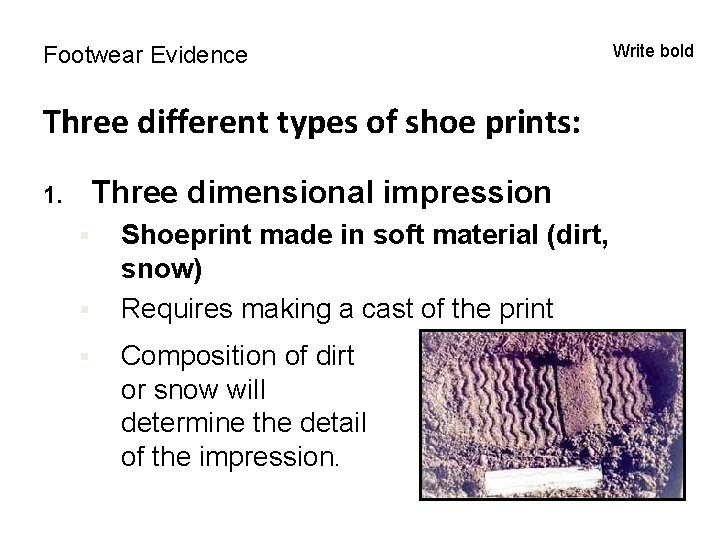 Footwear Evidence Three different types of shoe prints: Three dimensional impression 1. § §