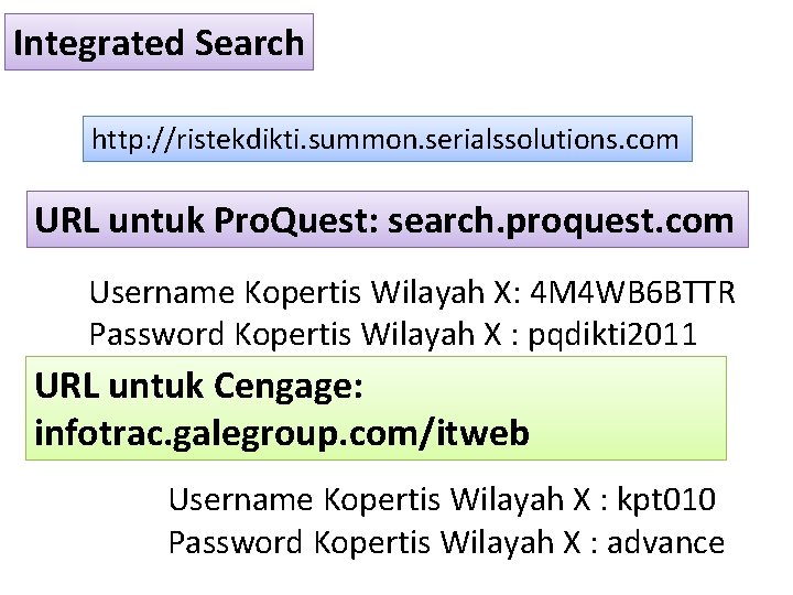 Integrated Search http: //ristekdikti. summon. serialssolutions. com URL untuk Pro. Quest: search. proquest. com