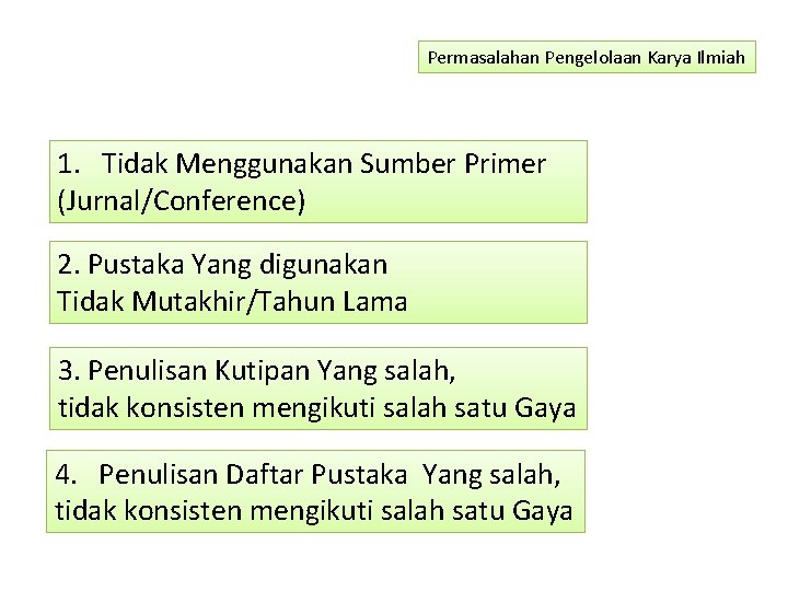 Permasalahan Pengelolaan Karya Ilmiah 1. Tidak Menggunakan Sumber Primer (Jurnal/Conference) 2. Pustaka Yang digunakan