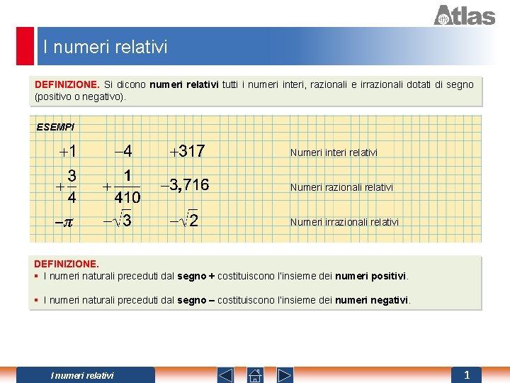 I numeri relativi DEFINIZIONE. Si dicono numeri relativi tutti i numeri interi, razionali e