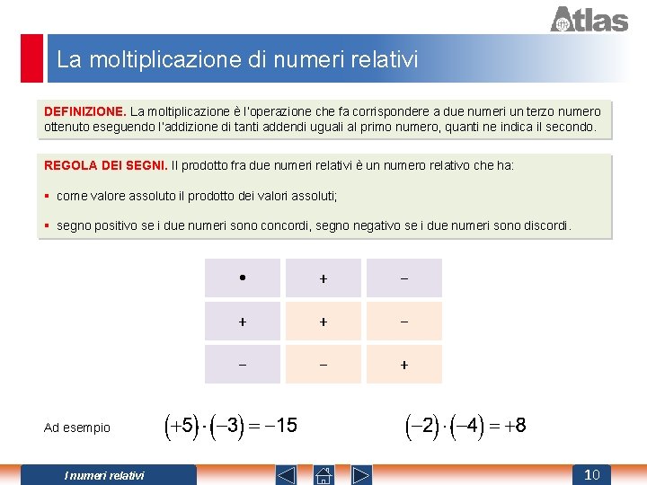 La moltiplicazione di numeri relativi DEFINIZIONE. La moltiplicazione è l’operazione che fa corrispondere a