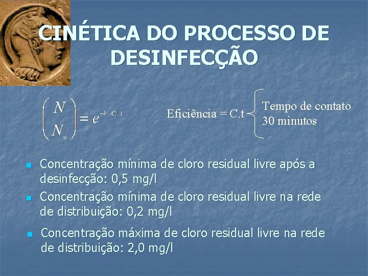 CINÉTICA DO PROCESSO DE DESINFECÇÃO Eficiência = C. t n n n Tempo de