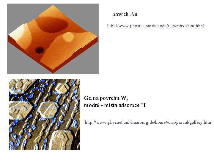 povrch Au http: //www. physics. purdue. edu/nanophys/stm. html Gd na povrchu W, modré -