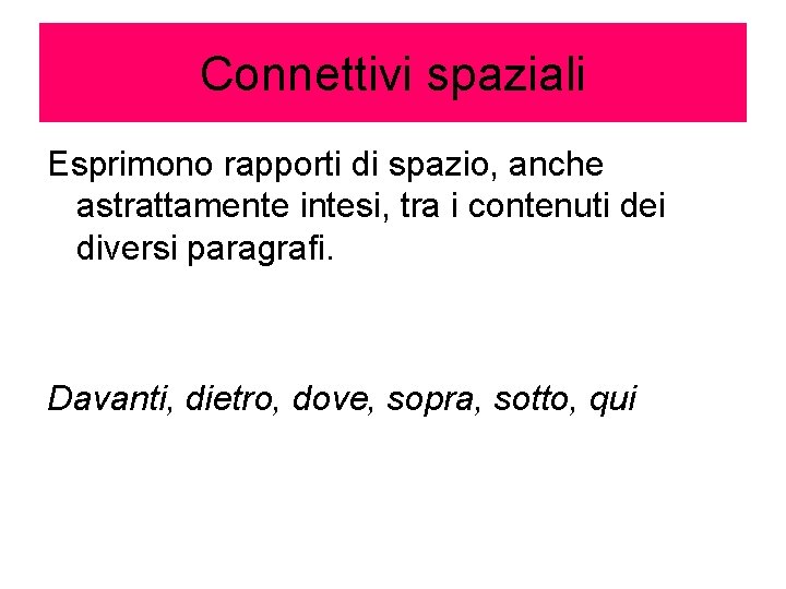 Connettivi spaziali Esprimono rapporti di spazio, anche astrattamente intesi, tra i contenuti dei diversi