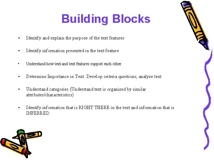 Building Blocks • Identify and explain the purpose of the text features • Identify