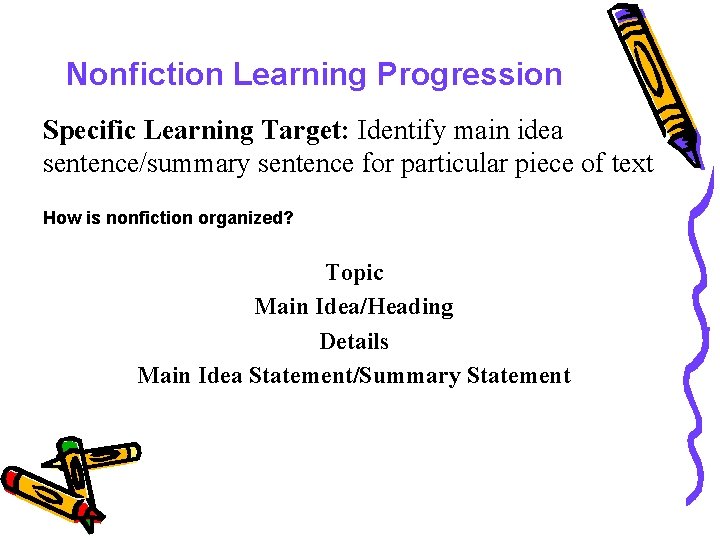 Nonfiction Learning Progression Specific Learning Target: Identify main idea sentence/summary sentence for particular piece