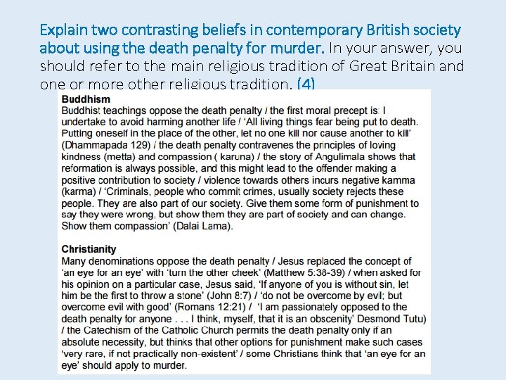 Explain two contrasting beliefs in contemporary British society about using the death penalty for