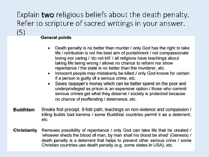 Explain two religious beliefs about the death penalty. Refer to scripture of sacred writings