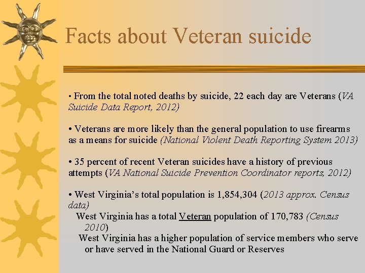 Facts about Veteran suicide • From the total noted deaths by suicide, 22 each