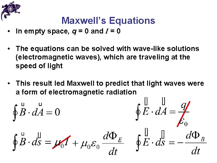 Maxwell’s Equations • In empty space, q = 0 and I = 0 •