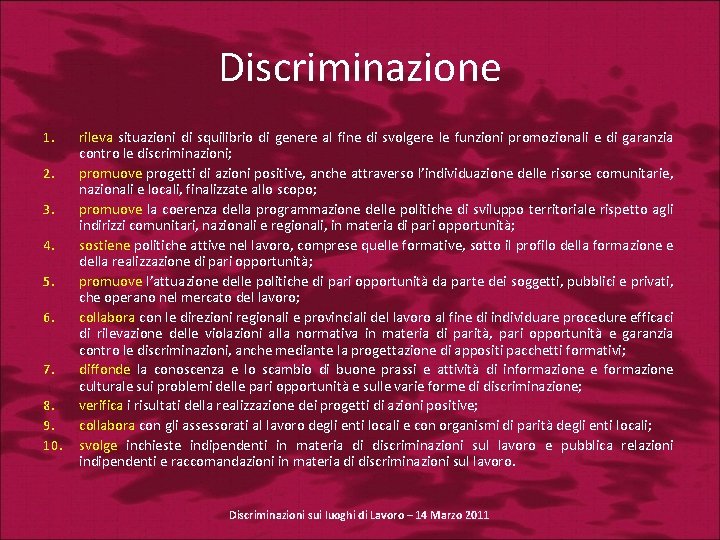 Discriminazione 1. 2. 3. 4. 5. 6. 7. 8. 9. 10. rileva situazioni di