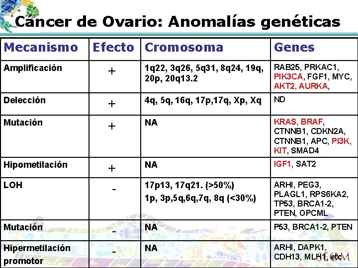 Cáncer de Ovario: Anomalías genéticas Mecanismo Efecto Cromosoma Genes Amplificación + 1 q 22,