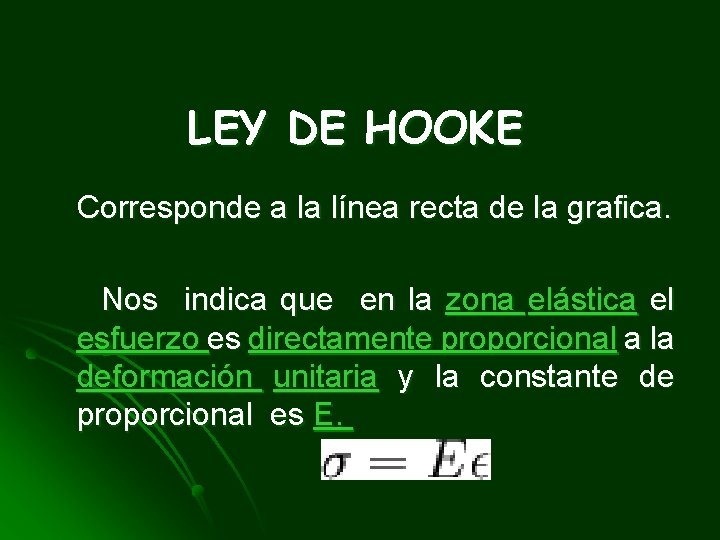 LEY DE HOOKE Corresponde a la línea recta de la grafica. Nos indica que