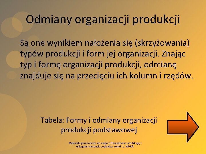 Odmiany organizacji produkcji Są one wynikiem nałożenia się (skrzyżowania) typów produkcji i form jej