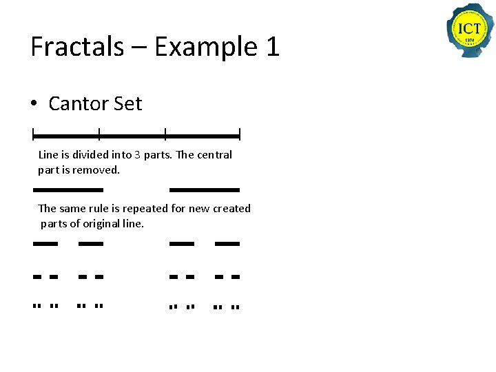 Fractals – Example 1 • Cantor Set Line Data is divided into 3 Podeli