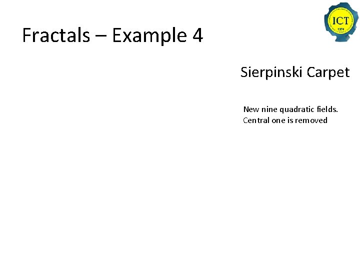 Fractals – Example 4 Sierpinski Carpet New nine quadratic fields. Central one is removed