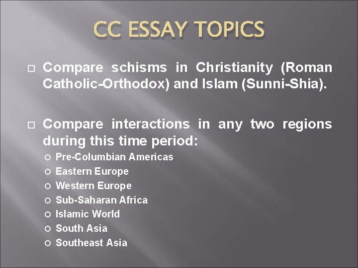 CC ESSAY TOPICS Compare schisms in Christianity (Roman Catholic-Orthodox) and Islam (Sunni-Shia). Compare interactions