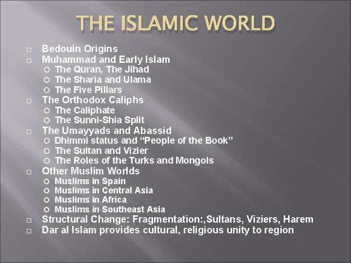 THE ISLAMIC WORLD Bedouin Origins Muhammad and Early Islam The Orthodox Caliphs Dhimmi status
