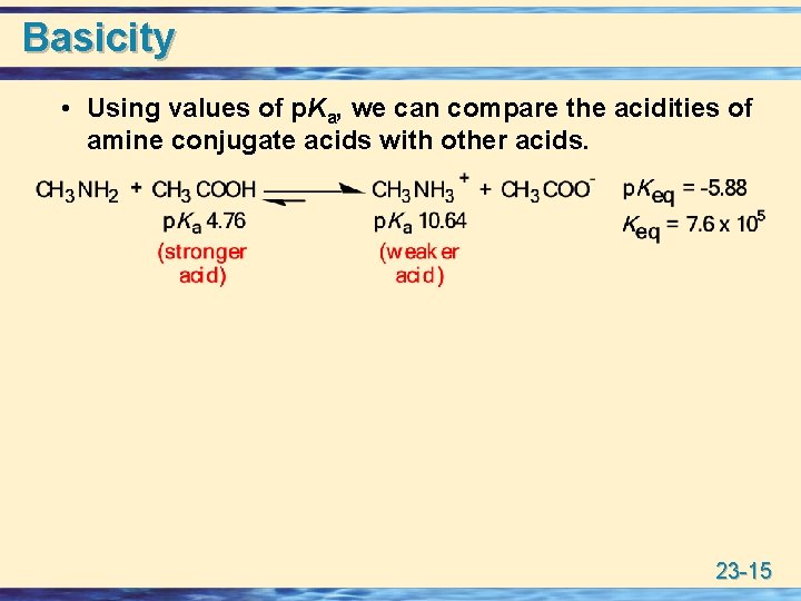 Basicity • Using values of p. Ka, we can compare the acidities of amine