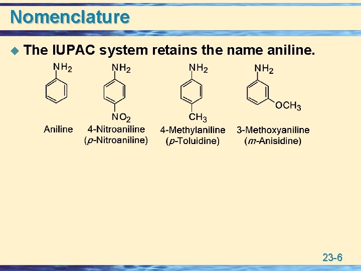 Nomenclature u The IUPAC system retains the name aniline. 23 -6 