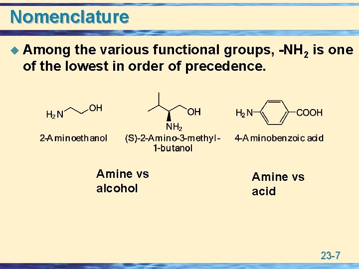 Nomenclature u Among the various functional groups, -NH 2 is one of the lowest