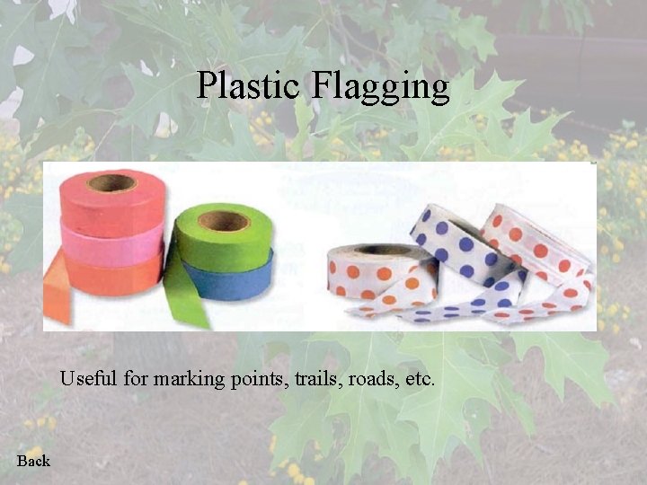 Plastic Flagging Useful for marking points, trails, roads, etc. Back 