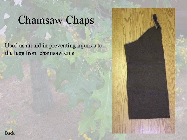 Chainsaw Chaps Used as an aid in preventing injuries to the legs from chainsaw