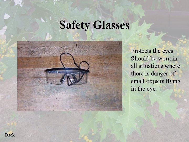 Safety Glasses Protects the eyes. Should be worn in all situations where there is