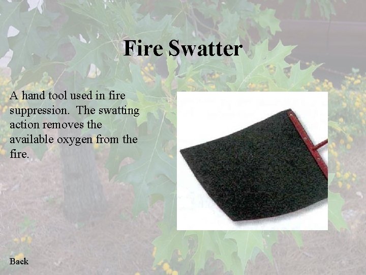 Fire Swatter A hand tool used in fire suppression. The swatting action removes the