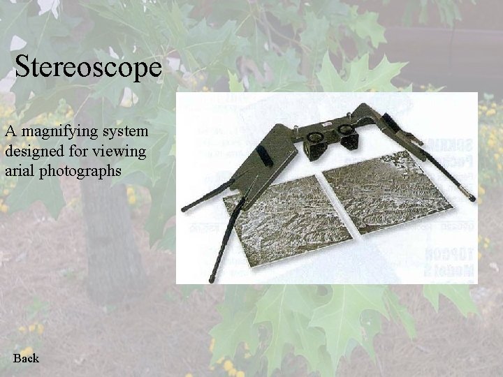 Stereoscope A magnifying system designed for viewing arial photographs Back 