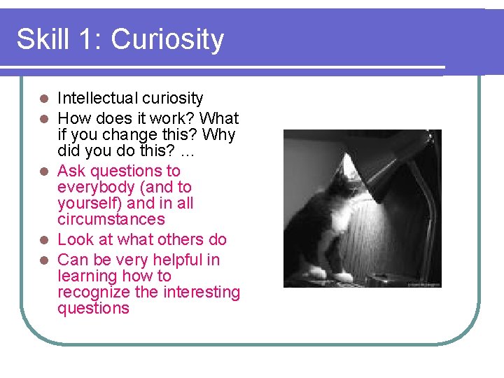 Skill 1: Curiosity Intellectual curiosity How does it work? What if you change this?