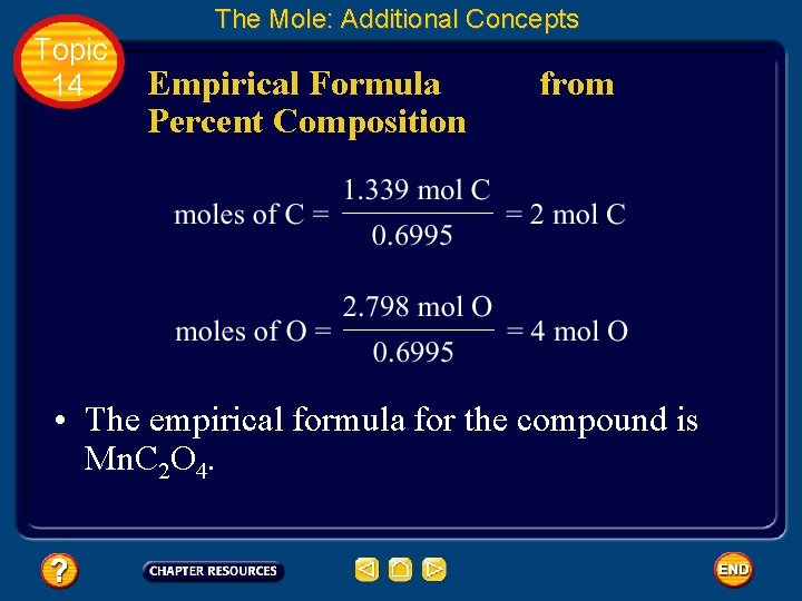 Topic 14 The Mole: Additional Concepts Empirical Formula Percent Composition from • The empirical