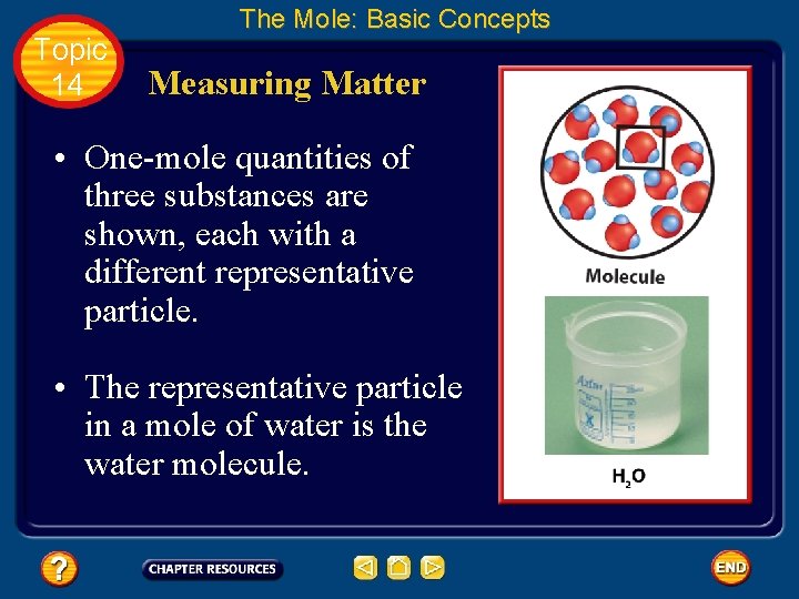 Topic 14 The Mole: Basic Concepts Measuring Matter • One-mole quantities of three substances
