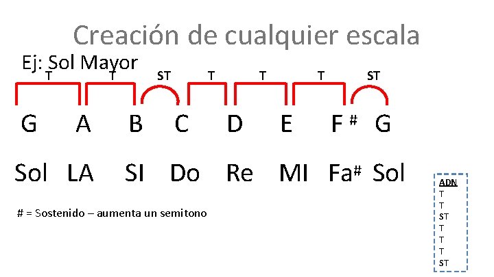 Creación de cualquier escala Ej: TSol Mayor T G A Sol LA B ST