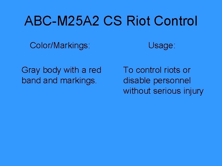 ABC-M 25 A 2 CS Riot Control Color/Markings: Usage: Gray body with a red