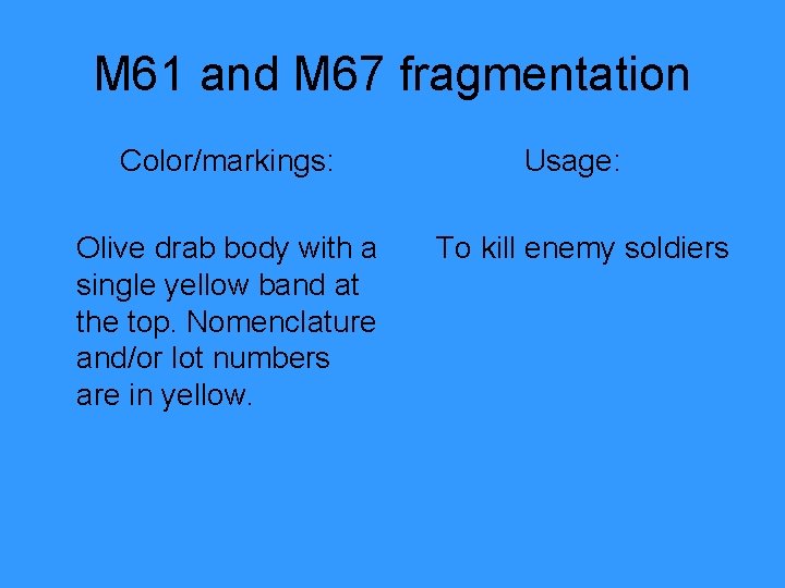 M 61 and M 67 fragmentation Color/markings: Olive drab body with a single yellow