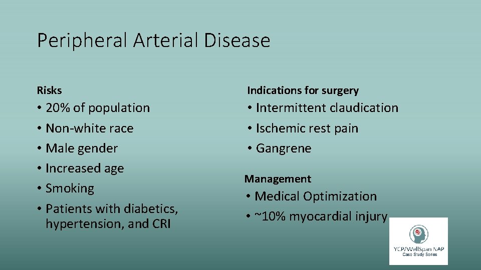 Peripheral Arterial Disease Risks Indications for surgery • 20% of population • Non-white race