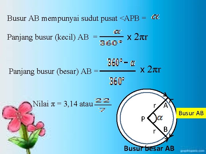 Busur AB mempunyai sudut pusat <APB = Panjang busur (kecil) AB = Panjang busur