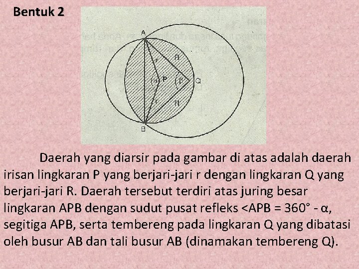  Bentuk 2 Daerah yang diarsir pada gambar di atas adalah daerah irisan lingkaran
