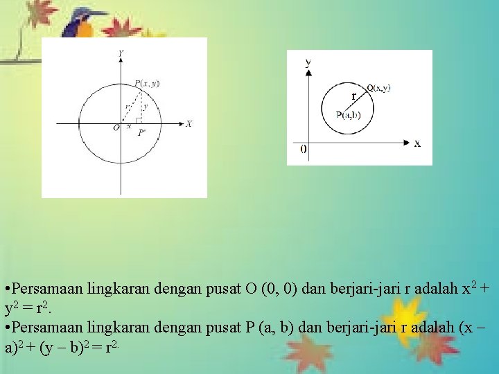  • Persamaan lingkaran dengan pusat O (0, 0) dan berjari-jari r adalah x