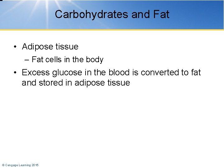 Carbohydrates and Fat • Adipose tissue – Fat cells in the body • Excess