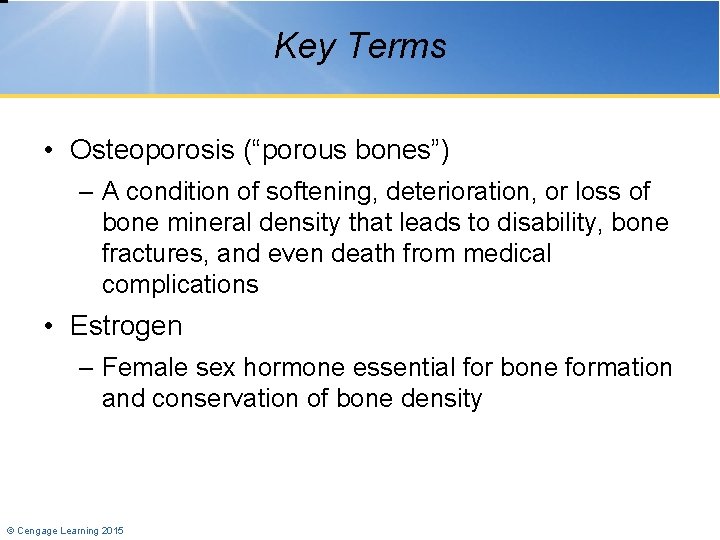 Key Terms • Osteoporosis (“porous bones”) – A condition of softening, deterioration, or loss