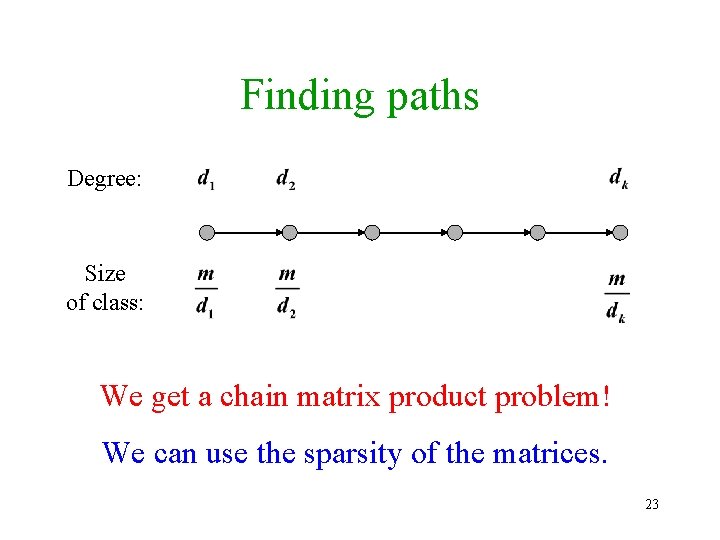 Finding paths Degree: Size of class: We get a chain matrix product problem! We