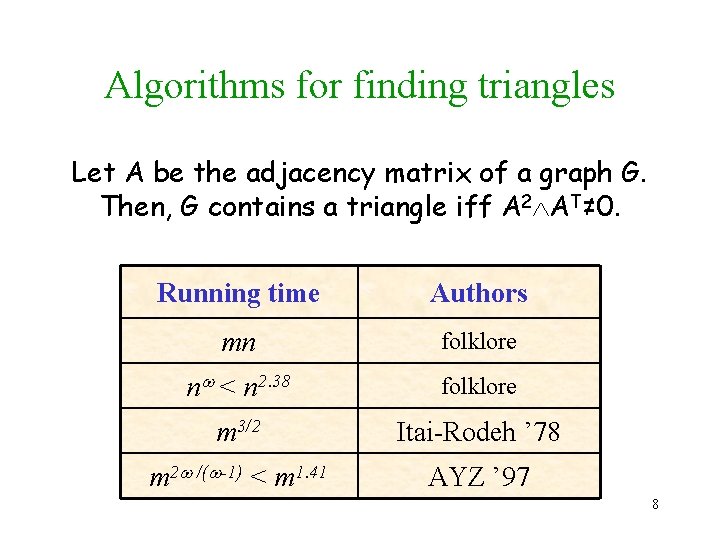 Algorithms for finding triangles Let A be the adjacency matrix of a graph G.