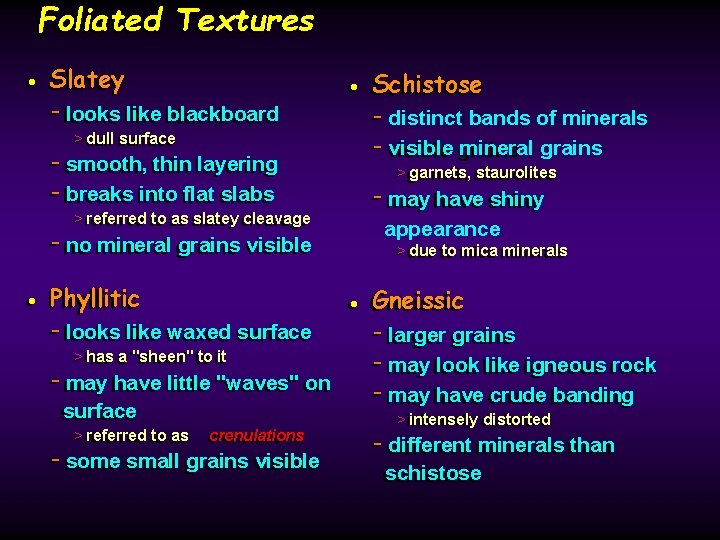 Foliated Textures Slatey • • Slatey -- looks like blackboard dull surface >>dull --