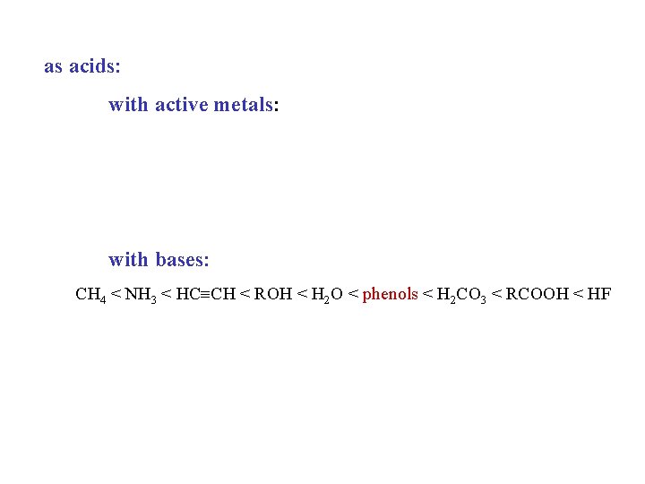 as acids: with active metals: with bases: CH 4 < NH 3 < HC