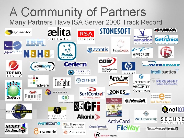 A Community of Partners Many Partners Have ISA Server 2000 Track Record 114 