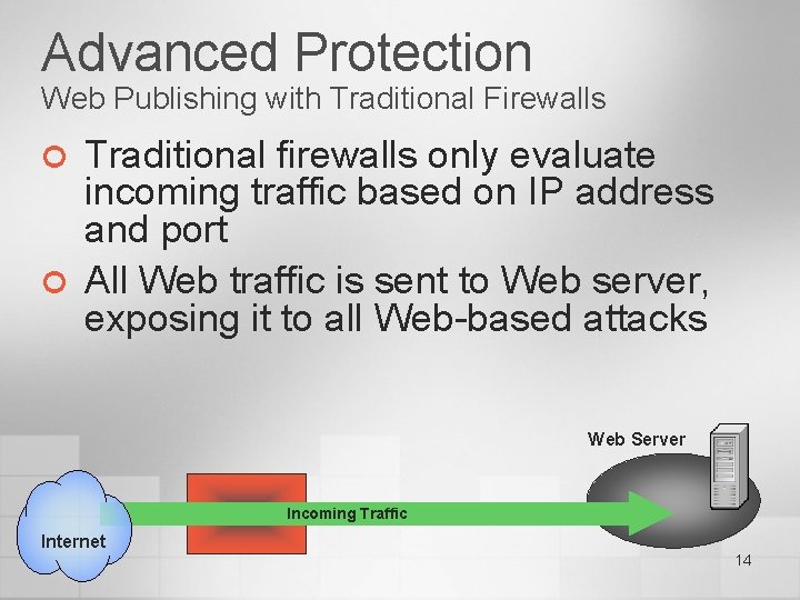 Advanced Protection Web Publishing with Traditional Firewalls ¢ ¢ Traditional firewalls only evaluate incoming